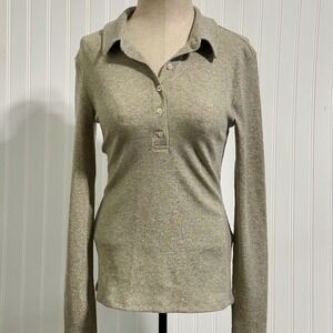 ZARA NWT Metallic Ribbed Knit Polo L Silver Gold Long Sleeve Party Modern Chic